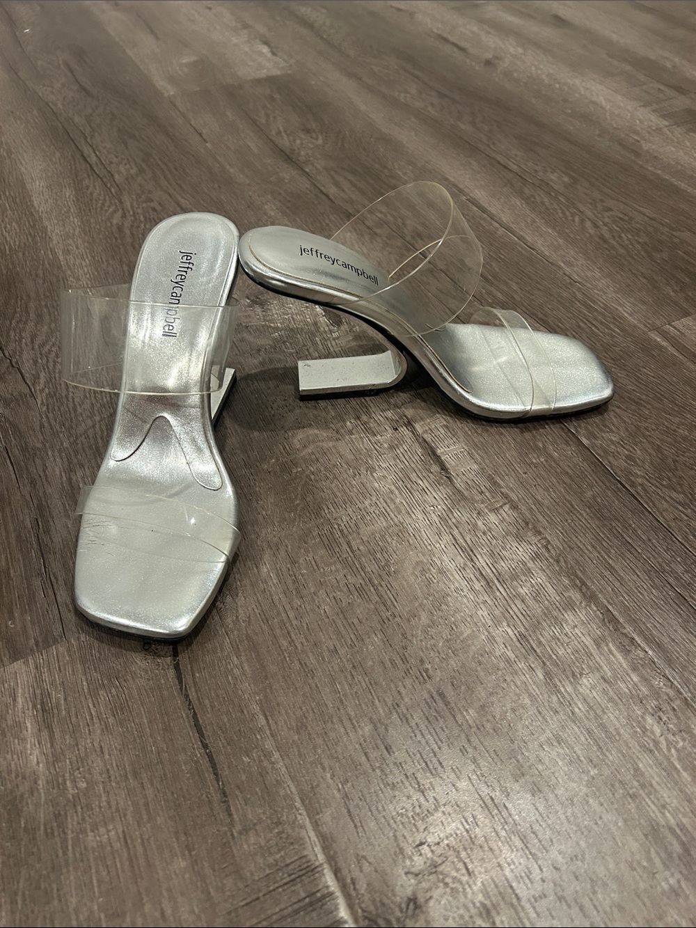 Jeffrey Campbell Silver Mules with Clear Straps